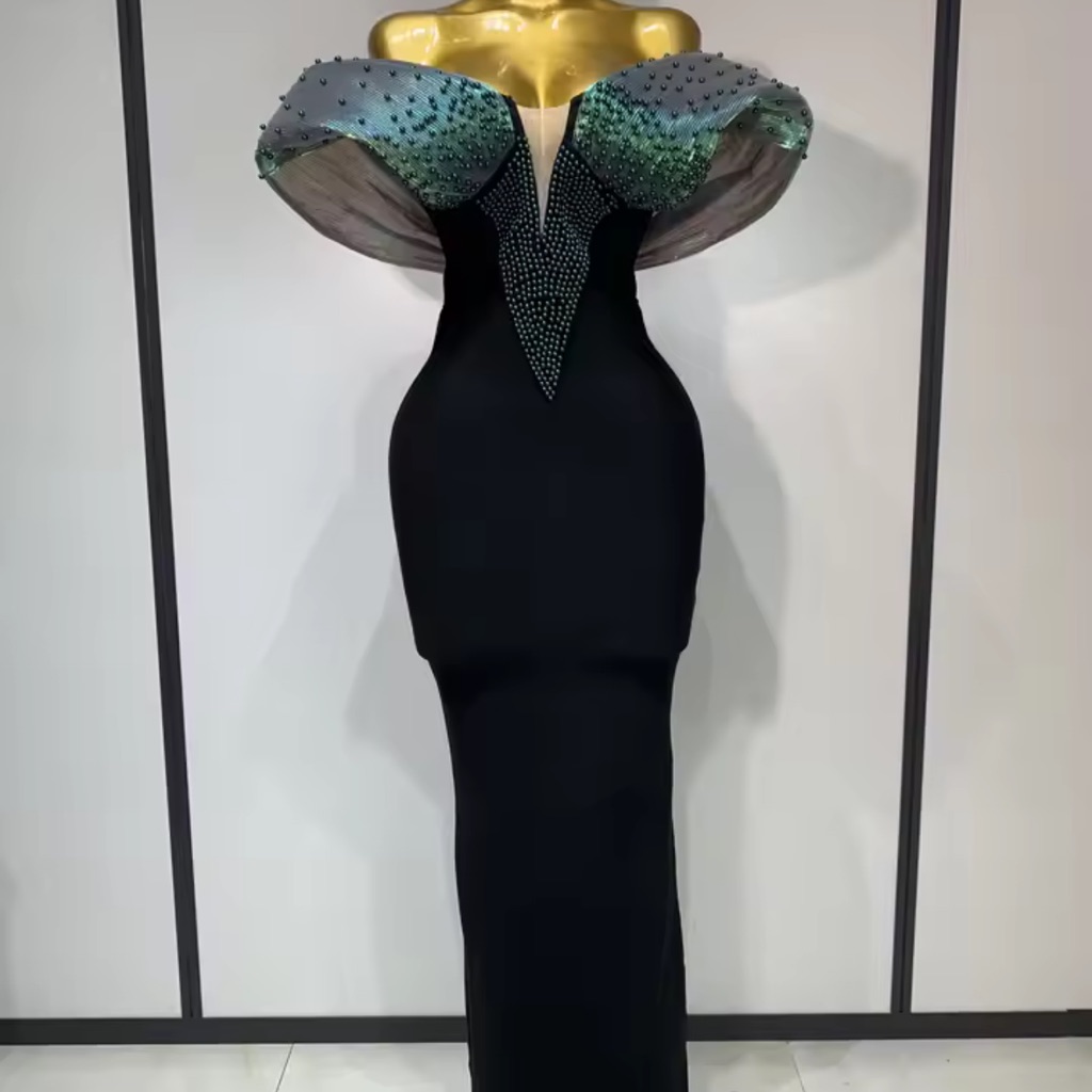 Silhouette Strapless Black And Green Pearl Dress